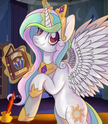 Size: 1024x1172 | Tagged: dead source, safe, artist:alphadesu, princess celestia, alicorn, pony, bipedal, book, magic, smiling, solo, spread wings, table, telekinesis