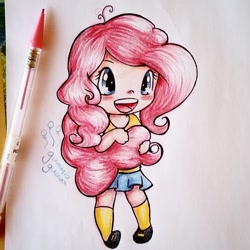 Size: 1465x1465 | Tagged: safe, artist:gummigator, pinkie pie, human, chibi, clothes, humanized, skirt, solo, traditional art