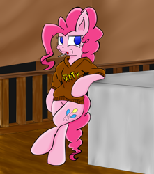 Size: 1024x1159 | Tagged: safe, artist:cyanyeh, artist:red-flareon, pinkie pie, pony, bipedal, clothes, hoodie, leaning, lollipop, solo, sweater