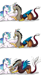 Size: 1280x2313 | Tagged: safe, artist:hikariviny, discord, princess celestia, alicorn, pony, bedroom eyes, blushing, comic, cute, discute, dislestia, eyes closed, female, lip bite, looking back, male, open mouth, preglestia, pregnant, prone, shipping, smiling, straight, wide eyes