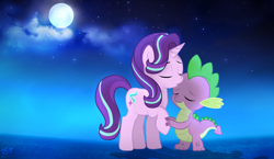Size: 1324x768 | Tagged: safe, artist:pinkamenascratch, spike, starlight glimmer, dragon, pony, unicorn, cloud, commission, eyes closed, female, male, mare, moon, night, raised hoof, shipping, smiling, sparlight, stars, straight