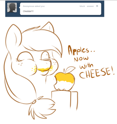 Size: 778x828 | Tagged: artist needed, safe, applejack, earth pony, pony, apple, ask, cheese, solo, tumblr