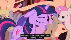 Size: 638x359 | Tagged: source needed, safe, edit, edited screencap, screencap, amethyst star, derpy hooves, sparkler, twilight sparkle, unicorn twilight, pony, unicorn, friendship is magic, caption, ei, eyes closed, female, floppy ears, golden oaks library, mare, meme, police, poni, solo focus, text, youtube caption