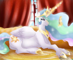 Size: 1100x900 | Tagged: safe, artist:anxiousshadowpetals, princess celestia, alicorn, pony, magic, prone, reading, scroll, solo, telekinesis, unshorn fetlocks