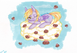 Size: 1581x1102 | Tagged: safe, artist:0okami-0ni, derpy hooves, fake sleeping, food, muffin, sleeping, solo, traditional art