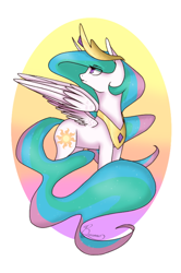 Size: 540x812 | Tagged: safe, artist:calla--lily, princess celestia, alicorn, pony, looking back, solo, spread wings