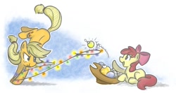 Size: 1100x586 | Tagged: safe, artist:onkelscrut, apple bloom, applejack, earth pony, pony, christmas, christmas lights, lasso, ornament, rope