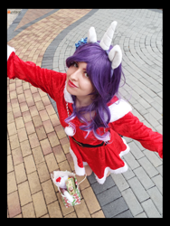 Size: 3456x4608 | Tagged: safe, artist:krazykari, rarity, human, absurd resolution, bag, clothes, cosplay, costume, irl, irl human, looking at you, photo, santa costume, solo