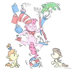 Size: 605x589 | Tagged: safe, artist:thatfrankster, gummy, pinkie pie, pound cake, pumpkin cake, earth pony, pony, ball, book, bowtie, cupcake, dr. seuss, gummy actually caring, milk, parody, rake, style emulation, the cat in the hat, toy boat, traditional art, umbrella