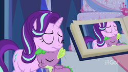 Size: 1280x720 | Tagged: safe, edit, edited screencap, screencap, pinkie pie, spike, starlight glimmer, dragon, earth pony, pony, unicorn, spoiler:cakes for the memories, spoiler:mlp friendship is forever, book, cakes for the memories, cute, female, glimmerbetes, male, mare, spikabetes, tired, winged spike