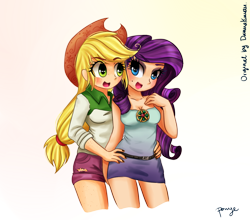 Size: 1024x900 | Tagged: safe, artist:cosmicponye, applejack, rarity, equestria girls, beauty mark, female, human coloration, humanized, lesbian, rarijack, shipping