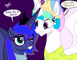 Size: 3021x2361 | Tagged: safe, artist:darkest-lunar-flower, princess celestia, princess luna, alicorn, pony, clothes, crossover, glasses, inside out, joy (inside out), pixar, sadness (inside out), sweater