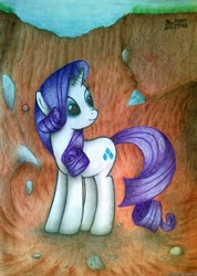 Size: 2000x2808 | Tagged: safe, artist:ponystarpony, rarity, pony, unicorn, hole, rock, solo, traditional art