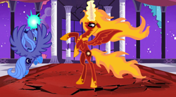 Size: 1120x616 | Tagged: safe, artist:itsmebianka, nightmare star, princess celestia, princess luna, alicorn, pony, s1 luna