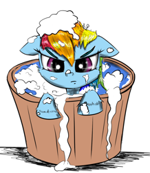 Size: 1500x1724 | Tagged: safe, artist:chopsticks, derpibooru import, rainbow dash, pegasus, pony, adorable face, angry, bath, bath time, bubble bath, bucket, cheek fluff, cute, dashabetes, female, filly, filly rainbow dash, floppy ears, grumpy, looking at you, not amused face, simple background, soap, solo, unamused, wet mane, younger
