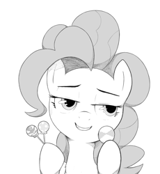 Size: 1280x1390 | Tagged: safe, artist:mostazathy, pinkie pie, earth pony, pony, black and white, candy, female, food, grayscale, hoof hold, lollipop, mare, monochrome, simple background, smiling, smug, solo