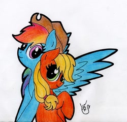 Size: 1217x1167 | Tagged: safe, artist:ruushiicz, derpibooru import, applejack, rainbow dash, earth pony, pegasus, pony, accessory swap, appledash, cute, female, lesbian, shipping, smiling, traditional art