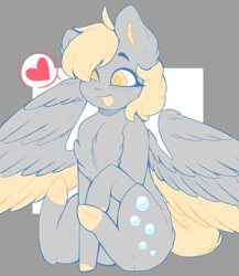 Size: 1280x1473 | Tagged: safe, artist:coonyloony, derpy hooves, pegasus, pony, :p, abstract background, chest fluff, colored hooves, colored pupils, colored tongue, cute, derpabetes, ear fluff, female, heart, mare, no catchlights, pictogram, sitting, solo, speech bubble, spread wings, tongue out, two toned wings, wings