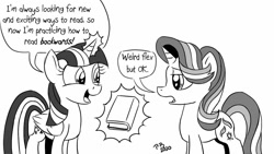 Size: 1200x675 | Tagged: safe, artist:pony-berserker, starlight glimmer, twilight sparkle, twilight sparkle (alicorn), alicorn, pony, unicorn, pony-berserker's twitter sketches, book, glowing horn, horn, magic, monochrome, stippling, telekinesis, that pony sure does love books, weird flex but okay