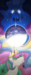 Size: 2700x6500 | Tagged: safe, artist:latara-omnomnom, princess celestia, princess luna, alicorn, pony, absurd resolution, glowing eyes, glowing horn, magic, royal sisters