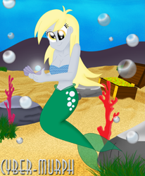 Size: 1893x2296 | Tagged: safe, artist:cyber-murph, derpy hooves, mermaid, equestria girls, belly, belly button, bikini, breasts, cleavage, clothes, coral, cute, derpabetes, flowing hair, mermaidized, midriff, pearl, rock, signature, species swap, swimsuit, treasure chest, underwater