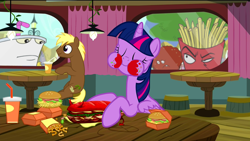 Size: 1920x1080 | Tagged: safe, derpibooru import, edit, edited screencap, screencap, coco crusoe, twilight sparkle, twilight sparkle (alicorn), alicorn, pony, twilight time, aqua teen hunger force, broodwich, burger, female, french fries, frylock, hay burger, hay fries, mare, master shake, meatwad, ponies eating meat, restaurant, that pony sure does love burgers, this will end in death, this will not end well, twilight burgkle