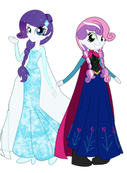 Size: 956x1304 | Tagged: safe, artist:kasi-ona, rarity, sweetie belle, equestria girls, alternate hairstyle, anna, braid, clothes, crossover, dress, duo, elsa, eqg promo pose set, frozen (movie), movie, pigtails, princess anna belle, queen elsarity, simple background, transparent background