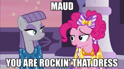 Size: 899x500 | Tagged: safe, edit, edited screencap, screencap, maud pie, pinkie pie, earth pony, pony, caption, female, image macro, mare, meme, rock pun