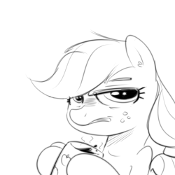 Size: 1000x1000 | Tagged: safe, artist:khorme, applejack, earth pony, pony, coffee, grumpy, monochrome, sleepy, solo