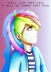 Size: 2890x4081 | Tagged: safe, artist:mustachedbain, derpibooru import, rainbow dash, human, clothes, dialogue, female, humanized, looking up, sad, solo, spell icup