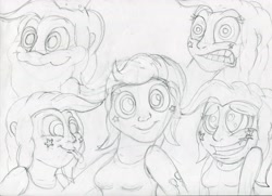 Size: 3503x2543 | Tagged: safe, artist:megaanimationfan, pinkie pie, human, expressions, humanized, monochrome, sketch, traditional art