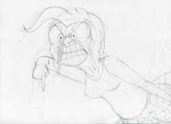 Size: 3509x2550 | Tagged: safe, artist:megaanimationfan, pinkie pie, human, pinkie pride, goof off, humanized, meme, monochrome, rage face, scene interpretation, sketch, solo, traditional art