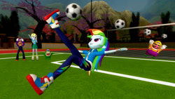 Size: 1280x720 | Tagged: safe, artist:migueruchan, derpy hooves, rainbow dash, human, better together, equestria girls, 3d, ball, barely eqg related, cheering, crossover, football, gmod, kicking, nintendo, soccer field, sports, super mario bros., waluigi, wario