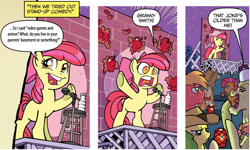 Size: 940x565 | Tagged: safe, edit, idw, apple bloom, apple fritter, applejack, babs seed, big macintosh, granny smith, earth pony, pony, friends forever, spoiler:comic, spoiler:comicff2, apple bloom's bad joke, exploitable meme, male, meme, microphone, stage, stallion, stand-up comedy