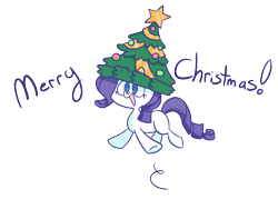 Size: 1133x813 | Tagged: safe, artist:typhwosion, rarity, pony, unicorn, hearth's warming eve (episode), christmas, christmas tree, cute, female, hat, holiday, jumping, mare, merry christmas, missing cutie mark, no pupils, open mouth, raribetes, simple background, smiling, solo, transparent background, tree, underhoof