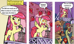 Size: 940x565 | Tagged: safe, edit, idw, apple bloom, apple fritter, applejack, babs seed, big macintosh, granny smith, earth pony, pony, friends forever, spoiler:comic, spoiler:comicff2, apple bloom's bad joke, dna test, exploitable meme, male, maury povich, meme, microphone, outed, paternity test, stallion