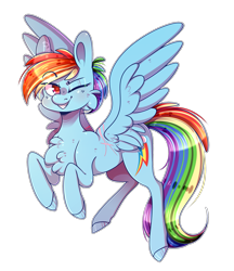 Size: 1729x2000 | Tagged: safe, artist:soundwavepie, derpibooru import, rainbow dash, pegasus, pony, backwards cutie mark, female, mare, one eye closed, simple background, smiling, solo, spread wings, transparent background, wings, wink