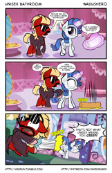 Size: 1280x1978 | Tagged: safe, artist:wadusher0, rarity, oc, pony, unicorn, ask, ask pun, bucking, carousel boutique, comic, denied, fabric, magic, male, shocked, stallion, sunglasses