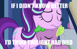 Size: 2243x1448 | Tagged: safe, edit, edited screencap, screencap, spike, starlight glimmer, dragon, pony, unicorn, spoiler:cakes for the memories, spoiler:mlp friendship is forever, cakes for the memories, caption, eyes closed, female, male, mare, meme