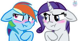 Size: 1188x623 | Tagged: safe, artist:rainbow eevee, derpibooru import, rainbow dash, rarity, pegasus, pony, unicorn, angry, blushing, confused, female, floppy ears, lesbian, looking, raridash, shipping, simple background, transparent background