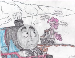 Size: 6600x5100 | Tagged: safe, artist:endlesswire94, pinkie pie, earth pony, pony, the last roundup, absurd resolution, chimicherrychanga, crossover, gordon, gordon the big engine, hand car, parody, reference, thomas the tank engine, traditional art