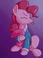 Size: 562x760 | Tagged: safe, artist:goat train, pinkie pie, earth pony, pony, alternate hairstyle, bathrobe, clothes, eyes closed, pillow, ponytail, raspberry, robe, solo, tongue out