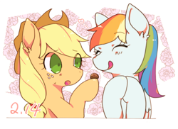 Size: 846x615 | Tagged: safe, artist:sa-eku, derpibooru import, applejack, rainbow dash, earth pony, pegasus, pony, appledash, applejack's hat, cowboy hat, eyes closed, female, freckles, hat, holiday, lesbian, mare, open mouth, shipping, tongue out, valentine's day