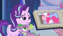 Size: 1280x720 | Tagged: safe, edit, edited screencap, screencap, pinkie pie, spike, starlight glimmer, dragon, earth pony, pony, unicorn, baby cakes, spoiler:cakes for the memories, spoiler:mlp friendship is forever, adult foal, book, cake, cakes for the memories, cute, diaper, diaper on head, eyes closed, female, food, glimmerbetes, male, mare, outfit catalog, raised hoof, smiling, spikabetes, sugarcube corner, tired, winged spike