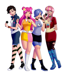 Size: 2175x2368 | Tagged: safe, artist:emberfan11, oc, oc:glitter shine (ice1517), oc:night rose (ice1517), human, ami onuki, belt, boots, bow, bracelet, breasts, cartoon network, choker, clothes, commission, compression shorts, converse, crossover, denim, ear piercing, earring, female, glasses, hair bow, hair over one eye, hi hi puffy ami yumi, humanized, humanized oc, jacket, jewelry, lipstick, microphone, miniskirt, one eye closed, open mouth, pantyhose, piercing, pigtails, shirt, shoes, shorts, simple background, singing, skirt, sneakers, socks, spiked choker, spiked wristband, stockings, t-shirt, tanktop, tattoo, thigh highs, torn clothes, torn stockings, transparent background, twintails, wall of tags, wink, wristband, yumi yoshimura