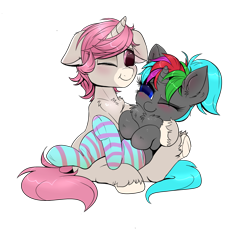 Size: 2000x1828 | Tagged: safe, artist:confetticakez, derpibooru exclusive, oc, oc:diamond sharp, oc:intrepid charm, pony, unicorn, chest fluff, clothes, cuddling, cute, daaaaaaaaaaaw, ear fluff, female, frog (hoof), holding a pony, male, mare, ocbetes, one eye closed, ponytail, simple background, snuggling, socks, stallion, stockings, striped socks, thigh highs, transparent background, underhoof, unshorn fetlocks