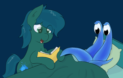 Size: 3080x1948 | Tagged: safe, artist:eyeburn, derpibooru import, oc, oc only, oc:poison trail, bed, bedtime story, book, googly eyes, male, monster, reading, stallion, tentacles