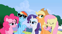 Size: 1280x720 | Tagged: safe, derpibooru import, screencap, applejack, fluttershy, pinkie pie, rainbow dash, rarity, earth pony, pegasus, pony, unicorn, lesson zero, sunglasses