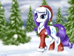 Size: 2048x1536 | Tagged: safe, artist:pony-stark, rarity, pony, unicorn, clothes, costume, forest, hat, santa costume, santa hat, snow, snowfall, socks, solo