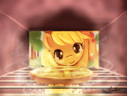 Size: 1920x1440 | Tagged: safe, artist:lumineko, applejack, earth pony, pony, baking, cute, female, freckles, jackabetes, mare, oven, pie, pixiv, smiling, solo